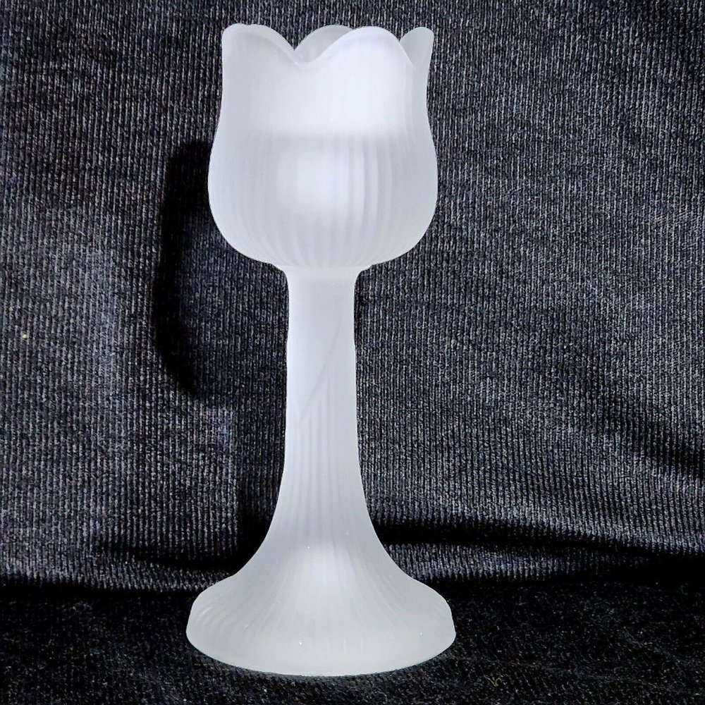 Tiara Exclusive Frosted Tulip Glass Candlestick Holder 6" vintage satin